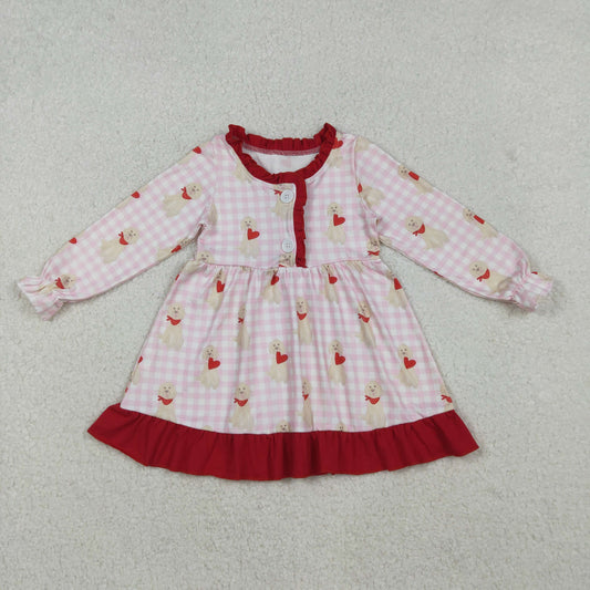 GLD1322 Baby Girls Pink Checked Dogs Hearts Button Ruffle Valentine Knee Length Dress   D 1023