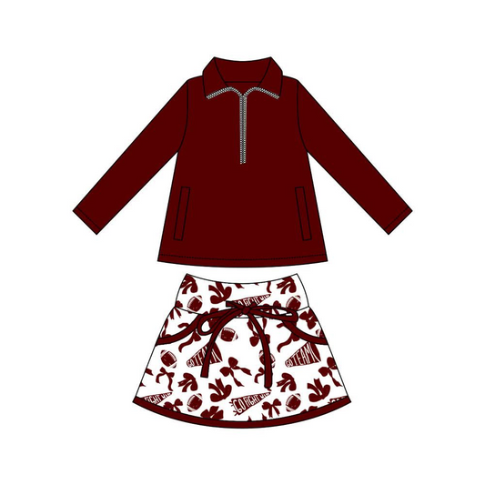 presale GLD1324  Baby Girls Pockets Pullover Dark Red Footballs Bows Skorts Team Sets  D 915