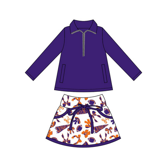 presale GLD1326 Baby Girls Pockets Pullover Orange Purple Footballs Bows Skorts Team Sets D 915