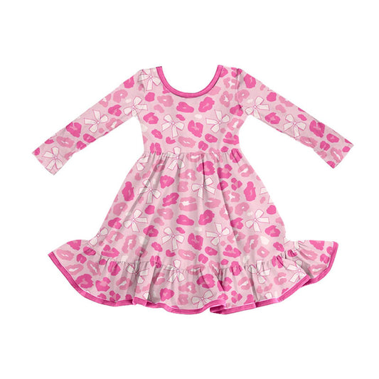 presale GLD1328  Baby Girls Pink Bows Leopard Ruffle Knee Length Dresses Sets  D 917