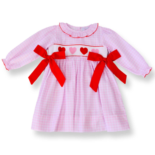 presale GLD1329 Baby Girls Pink Checked Hearts Bows Valentine Knee Length Dresses  D 917