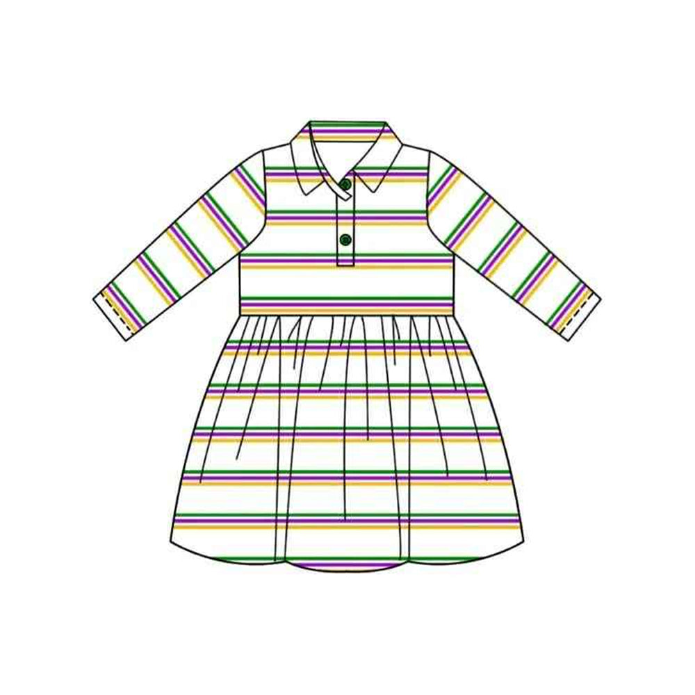 presale GLD1331 Baby Girls Pink Yellow Green Stripes Button Mardigras Knee Length Dresses  D 917