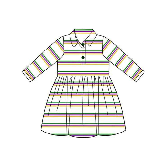presale GLD1331 Baby Girls Pink Yellow Green Stripes Button Mardigras Knee Length Dresses  D 917