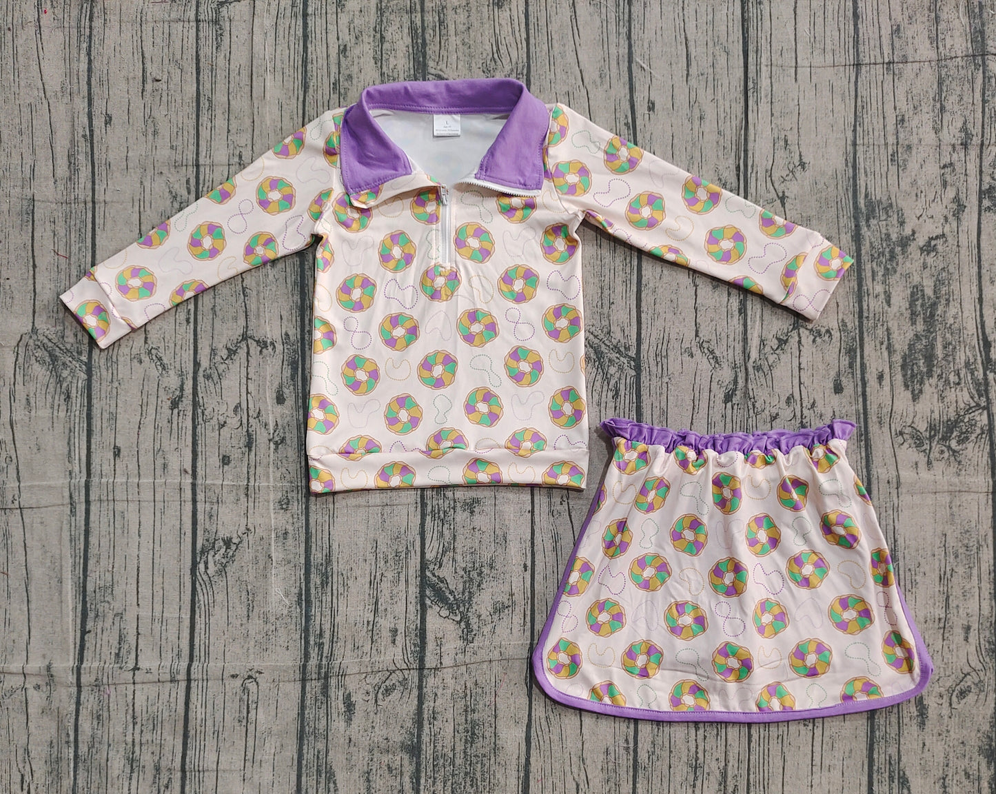 presale GLD1332  Baby Girls Donuts Checked Zipper Pullover Ruffle Skorts Mardigras Clothes Sets D 1103