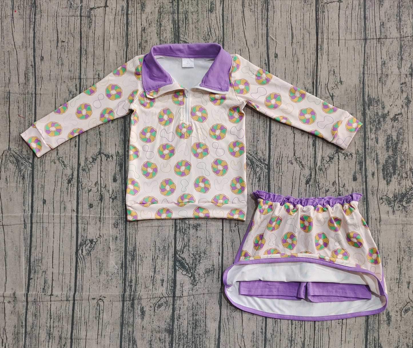 presale GLD1332  Baby Girls Donuts Checked Zipper Pullover Ruffle Skorts Mardigras Clothes Sets D 1103
