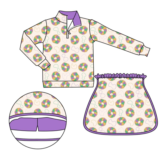 presale GLD1332  Baby Girls Donuts Checked Zipper Pullover Ruffle Skorts Mardigras Clothes Sets D 919