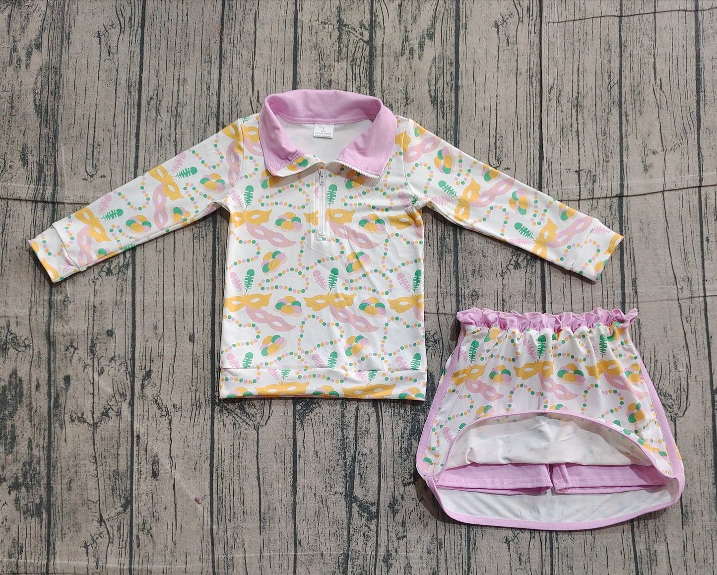 presale GLD1334 Baby Girls Donuts Masks Zipper Pullover Ruffle Skorts Mardigras Clothes Sets   D 1127