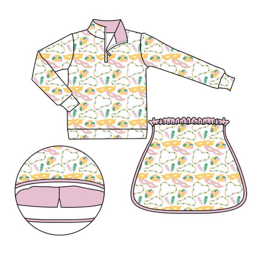 presale GLD1334 Baby Girls Donuts Masks Zipper Pullover Ruffle Skorts Mardigras Clothes Sets  D 919