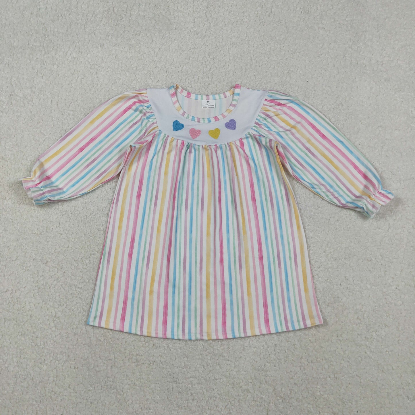 Sibling Baby Girls Colorful Stripe Embroidery Hearts Ruffle Sleeve Knee Length Dress Rompers    D 1111