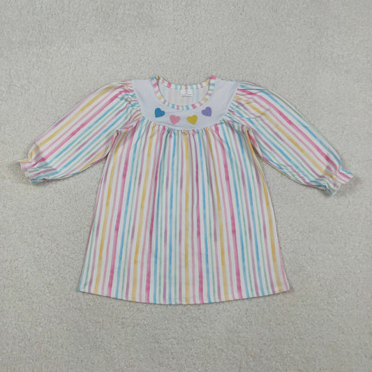 GLD1335 Embroidery Hearts Baby Girls Colorful Stripes Valentine Knee Length Dresses D 1111