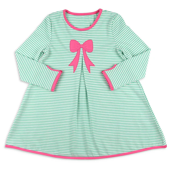 presale GLD1342  Baby Girls Aqua Stripes Bow Top Knee Length Dresses D 923