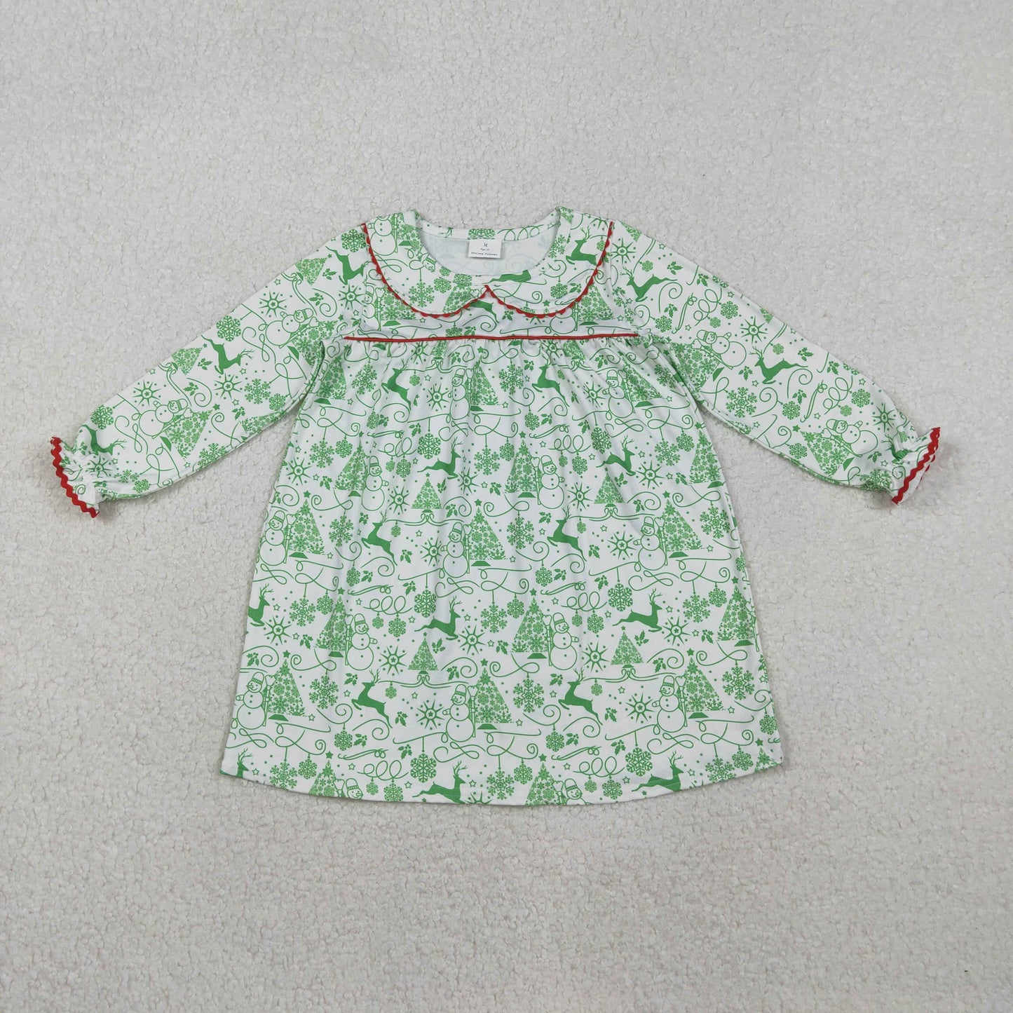 GLD1345  Baby Girls Green Deer Snowmen Christmas Knee Length Dresses  D 1111
