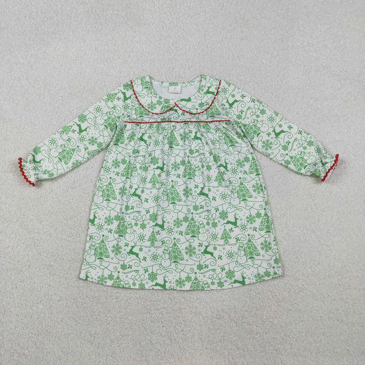 GLD1345  Baby Girls Green Deer Snowmen Christmas Knee Length Dresses  D 1111