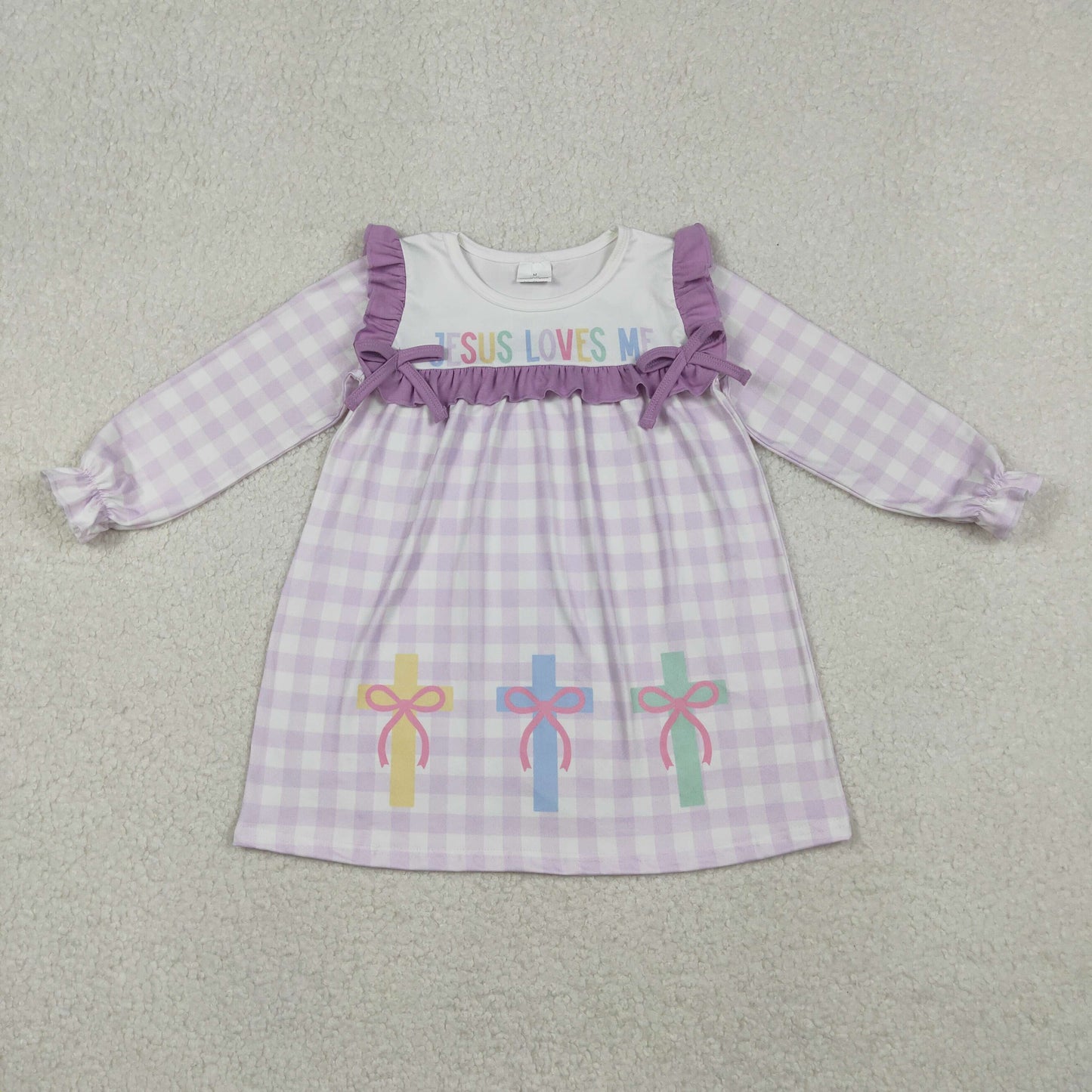 Sibling Baby Girls Lavender Checked Jesus Love Me Crosses Knee Length Dress Romper  D 1027