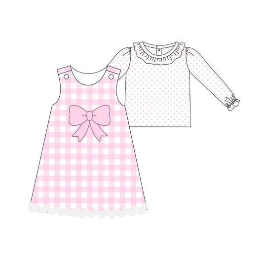 presale GLD1357 Baby Girls Pink Polka Dots Top Checked Knee Length Dress 2 Piece Clothes Sets D 930