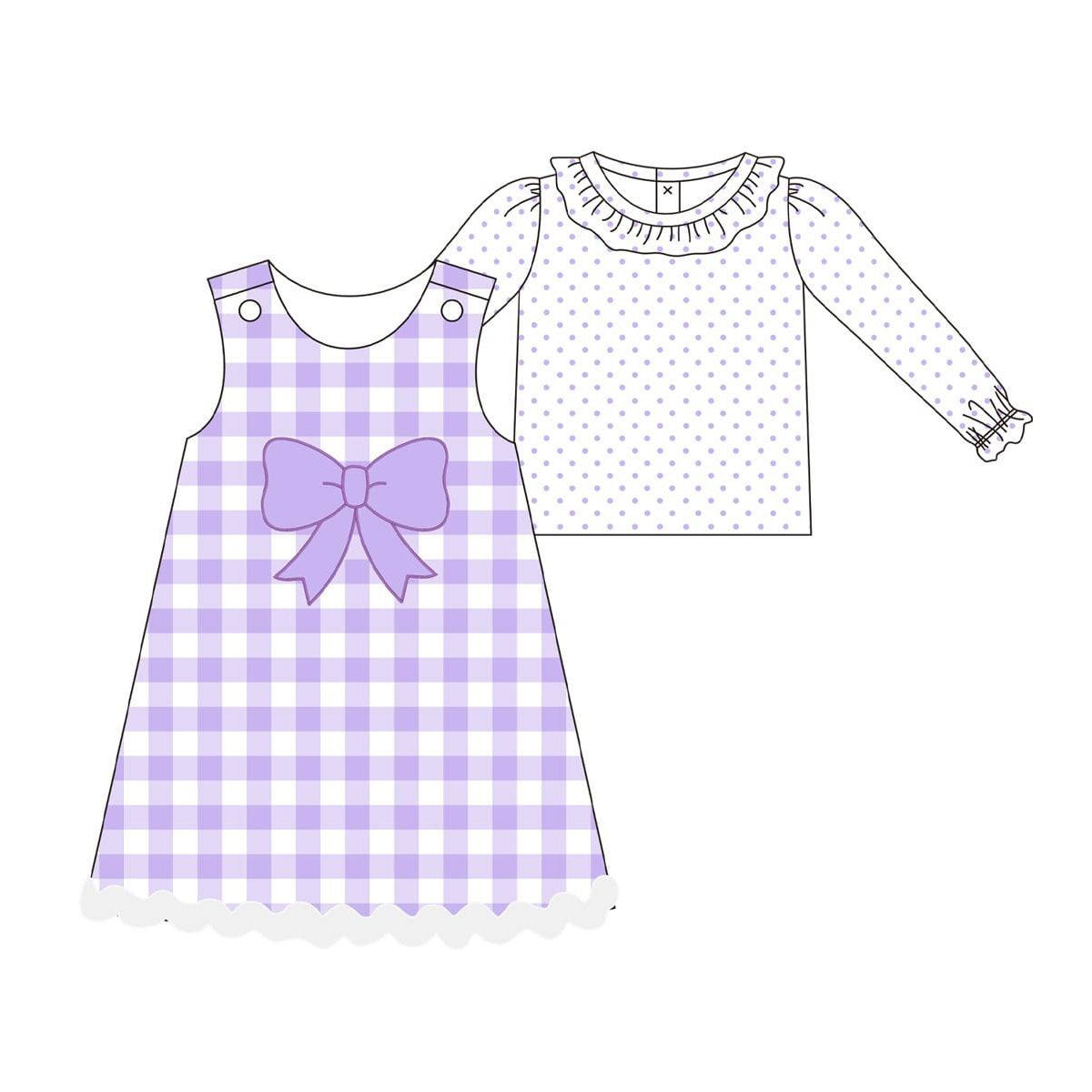 presale GLD1358 Baby Girls Purple Polka Dots Top Checked Knee Length Dress 2 Piece Clothes Sets  D 930