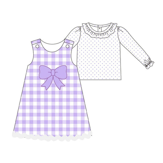 presale GLD1358 Baby Girls Purple Polka Dots Top Checked Knee Length Dress 2 Piece Clothes Sets  D 930