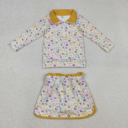 Baby Girls Mardigras Leopard Zipper Pullover Top with Skirt And Shorts Yoga Active Wear Children's Outfit Set