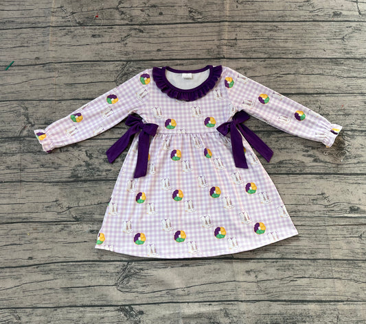 presale GLD1379 Baby Girls Purple Checked Boots Donuts Bows Mardigras Knee Length Dresses D 1009