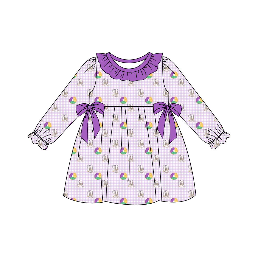 presale GLD1379 Baby Girls Purple Checked Boots Donuts Bows Mardigras Knee Length Dresses  D 1009