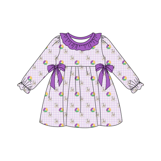 presale GLD1379 Baby Girls Purple Checked Boots Donuts Bows Mardigras Knee Length Dresses D 1009