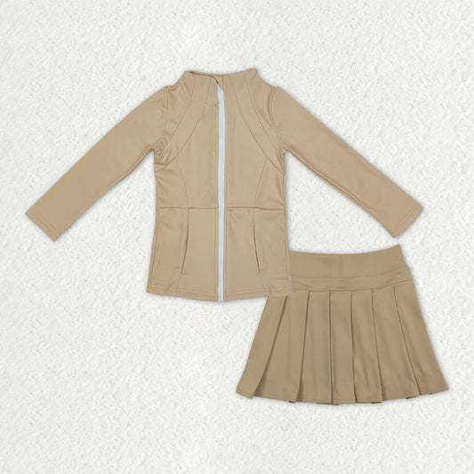 GLD1381  Baby Girls Khaki Zipper Pockets Jackets Skirt Shorts Yoga Active Clothes Sets D 1014