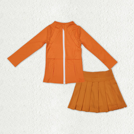 GLD1382 Baby Girls Orange Zipper Pockets Jackets Skirt Shorts Yoga Active Clothes Sets D 1014