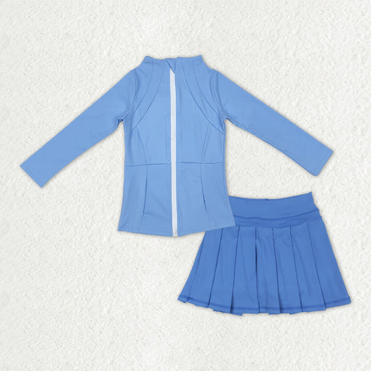 GLD1383 Baby Girls Blue Zipper Pockets Jackets Skirt Shorts Yoga Active Clothes Sets D 1014