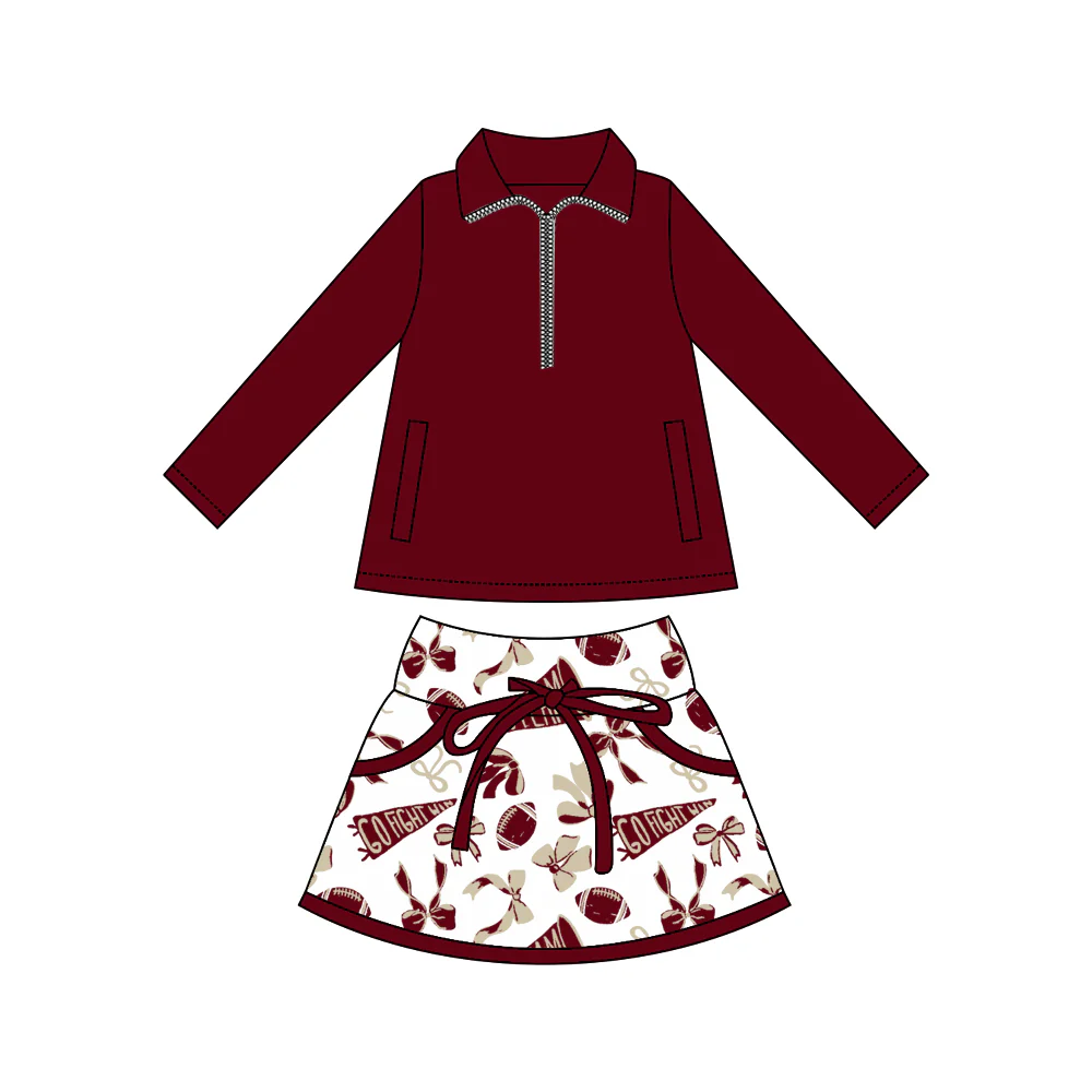 presale GLD1384 Baby Girls Dark Red Pullovers Bows Footballs Pockets Skorts Go Team Yoga Clothes Set    D 1014