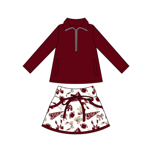 presale GLD1384 Baby Girls Dark Red Pullovers Bows Footballs Pockets Skorts Go Team Yoga Clothes Set    D 1014