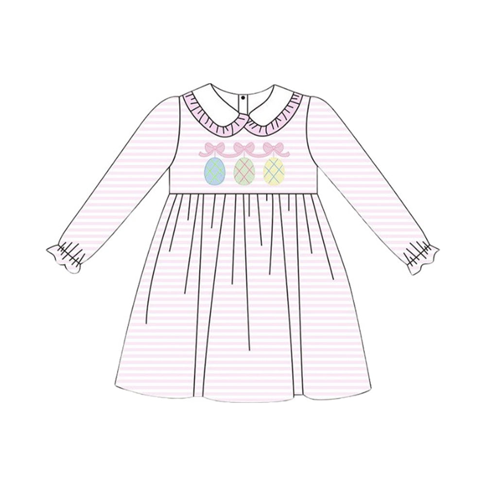 presale GLD1385 Baby Girls Pink Stripe Bows Eggs Collar Easter Knee Length Dresses D 1015