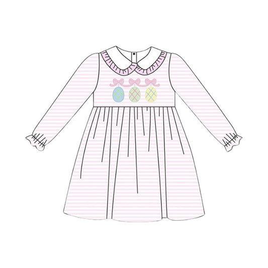 presale GLD1385 Baby Girls Pink Stripe Bows Eggs Collar Easter Knee Length Dresses D 1015