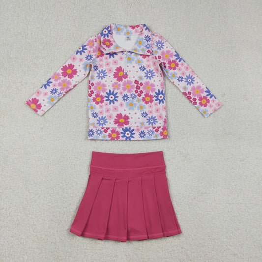 Baby Girls Daisy Flowers Zipper Pullover Top with Hot Pink Pleated Skirt And Shorts Yoga Active Wear Children's Outfit Set