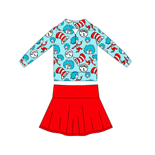 presale GLD1422 Baby Girls Cartoon Mr Reading Pullovers Red Pleated Skorts Yoga Clothes Set D 1031