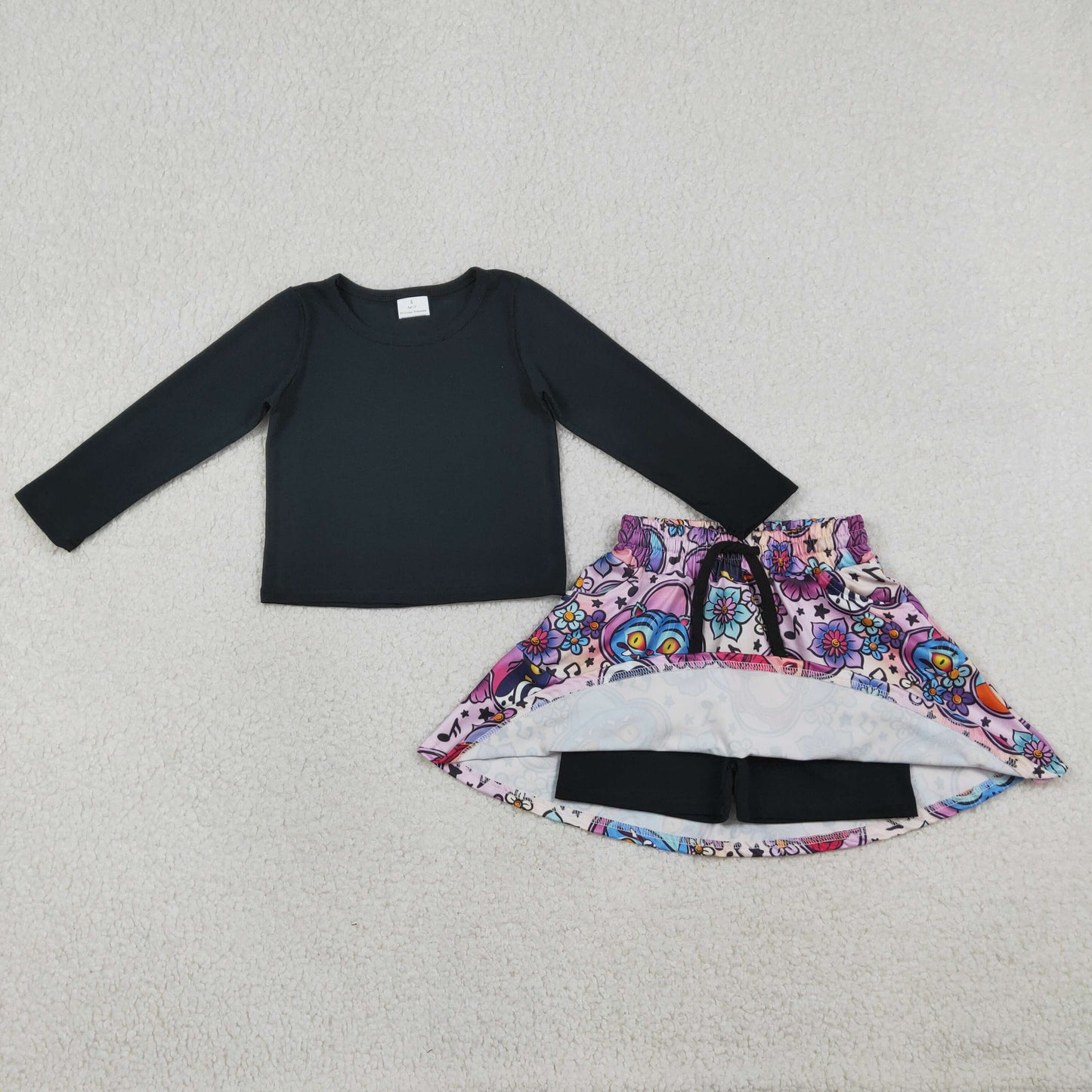 12/18m-14/16t RTS NO MOQ（In Stock ) GLD1425 Kpop Solid Black Long-Sleeved Skirt Set