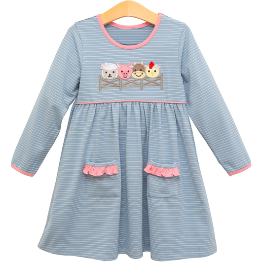 presale GLD1426 Baby Girls Blue Stripe Pigs Cows Pockets Farm Knee length Dresses D 1106