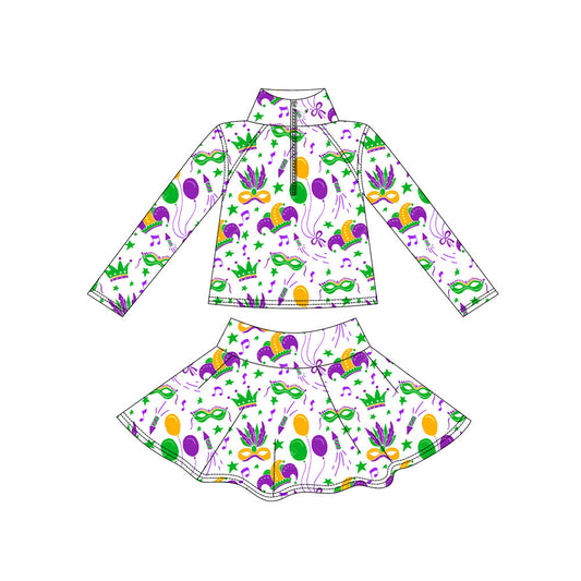 presale GLD1432  Baby Girls Mardigras Masks Zipper Pullover Skirt Shorts Yoga Clothes Set  D 1117