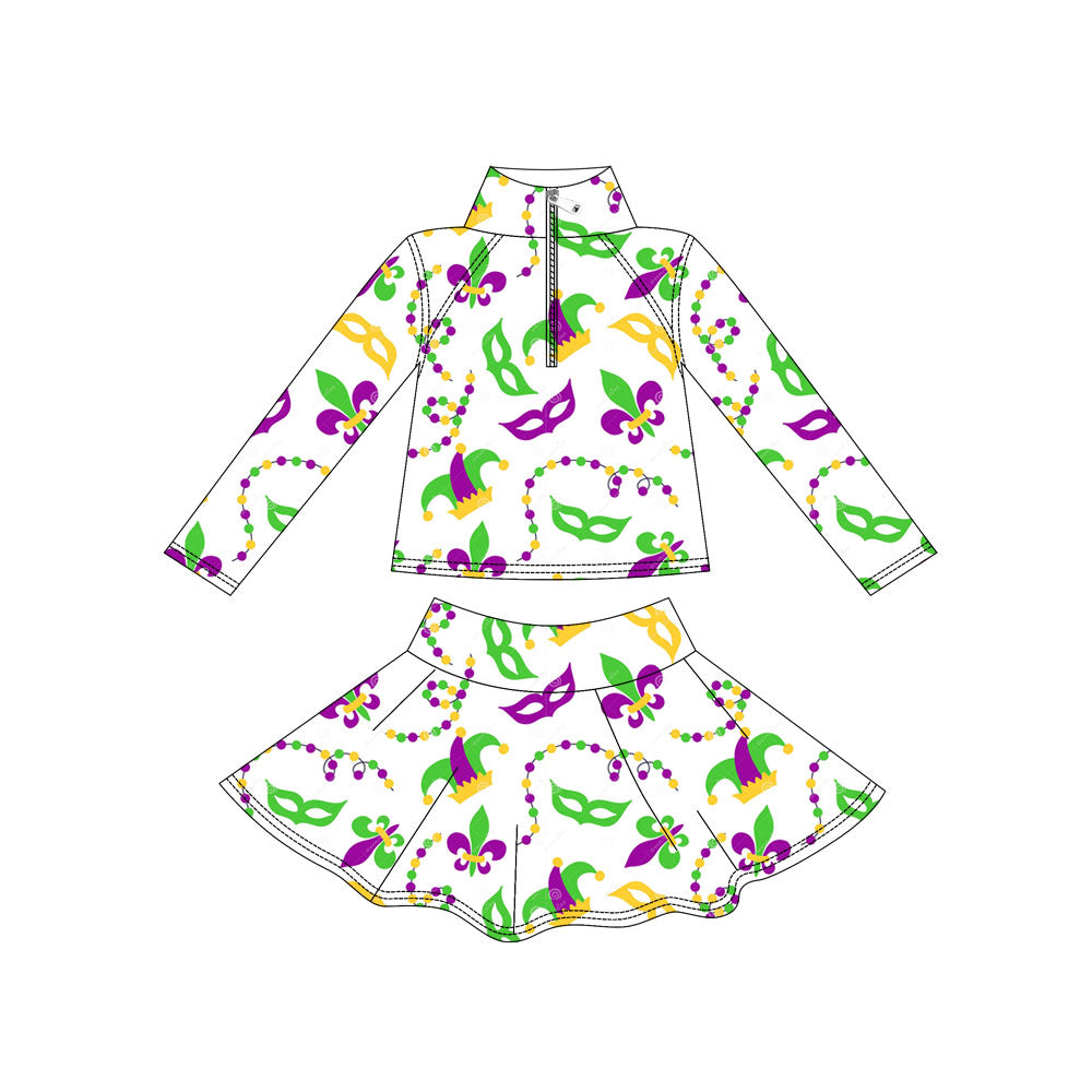 presale GLD1437 Baby Girls Mardigras Anchors Masks Zipper Pullover Skirt Shorts Yoga Clothes Set   D 1117