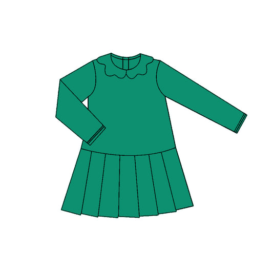 presale GLD1449  Baby Girls Green Long Sleeve Collar Pleated Yoga Knee Length Dresses  D 1118