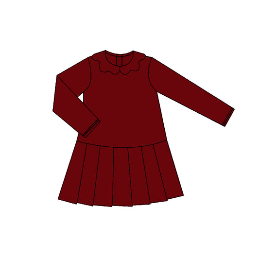 presale GLD1456 Baby Girls Dark Red Long Sleeve Collar Pleated Yoga Knee Length Dresses D 1118