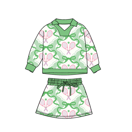 presale GLD1471 Baby Girls Green Bows Tennis Long Sleeve Skirts Shorts Clothes Set D 1124