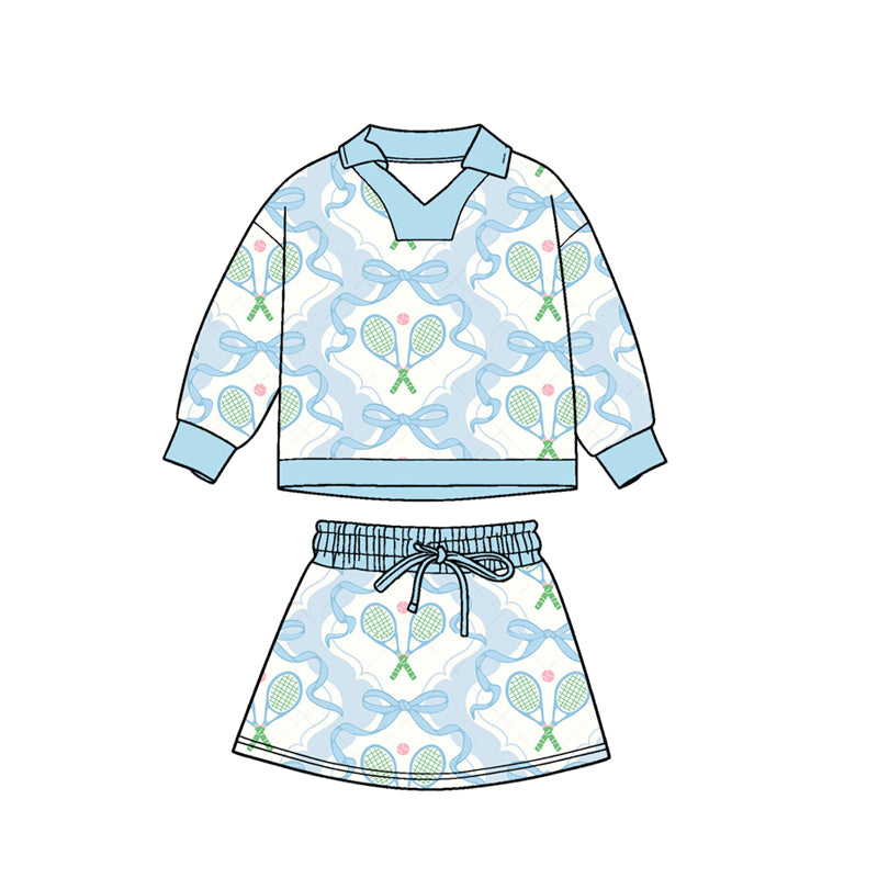 presale GLD1474 Baby Girls Blue Bows Tennis Long Sleeve Skirts Shorts Clothes Sets   D 1124