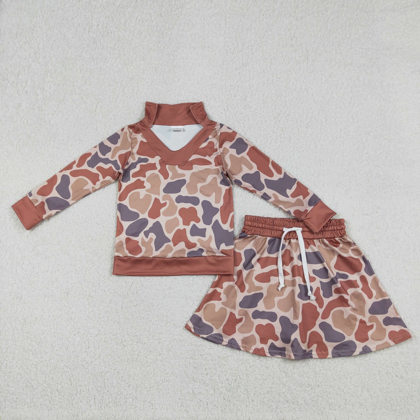 Baby Girls Southern Khaki Camo Long Sleeve Top with Skirt And Shorts Outfit Set for Little Ones