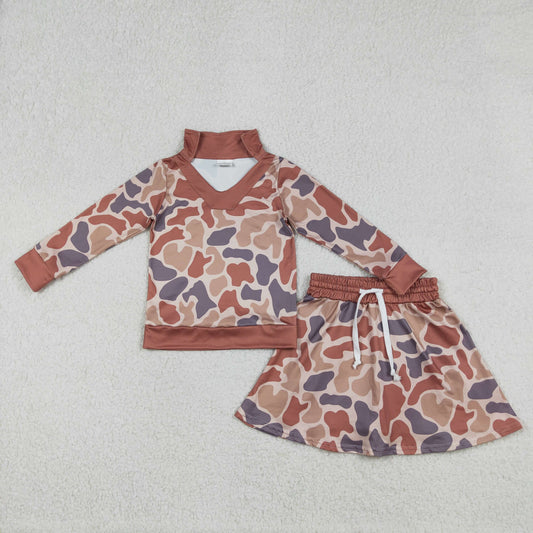 Baby Girls Southern Khaki Camo Long Sleeve Top with Skirt And Shorts Outfit Set for Little Ones