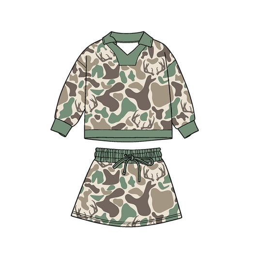 presale GLD1477 Baby Girls Green Deer Camo Long Sleeve Skirts Shorts Hunting Clothes Sets  D 1124