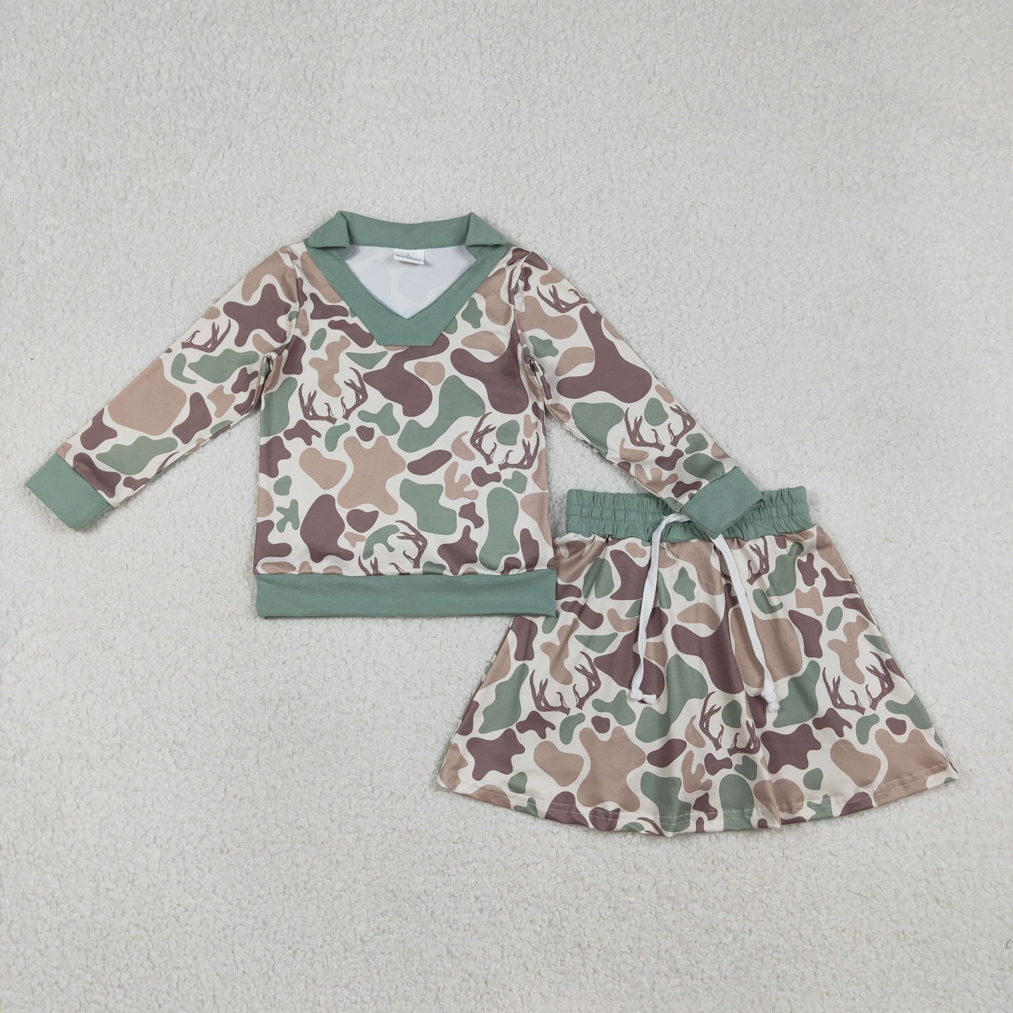 Sibling Baby Girls Deer Camo Long Sleeve Top And Skirt Set Green Brown Southern Hunting Theme with Shorts for Girls