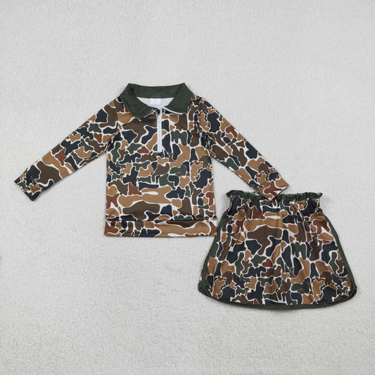 RTS NO MOQ（In Stock) GLD1547 Brown-green camouflage beige zip-up long-sleeved skirt set