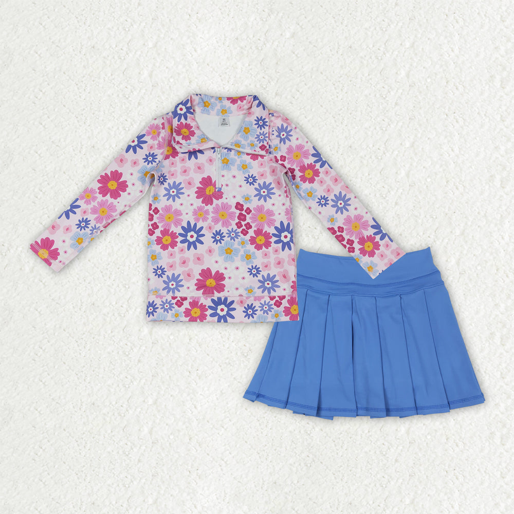 Baby Girls Daisy Flowers Zipper Pullover Top with Blue Pleated Skirt And Shorts Yoga Active Outfit Set for Kids
