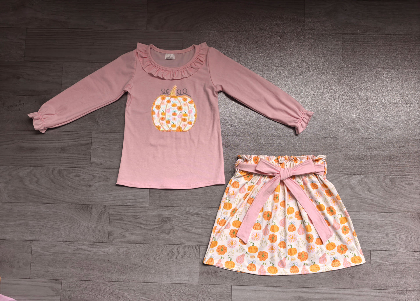 Pre order fall pumpkin embroidery shirt skirt set