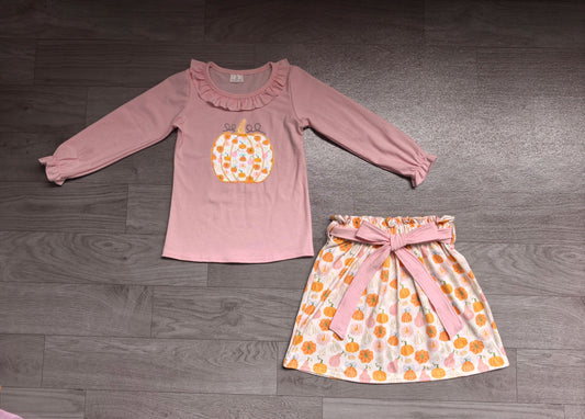 Pre order fall pumpkin embroidery shirt skirt set